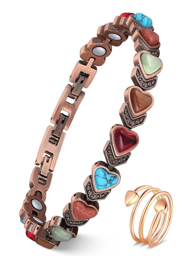 Feraco Pure Copper Bracelets & Rings for Women, Ultra Strength Magnetic Copper Bracelet with 3800 Gauss Magnets, Natural Turquoise & Stones, Adjustable Jewelry Gift (Heart Bloom) - Image 1